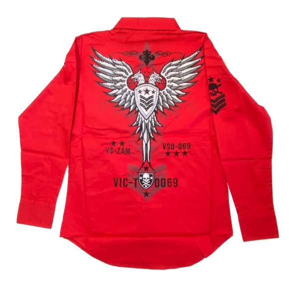 Victorious Men’s Embroidered Button Down Shirt with Rhinestones Size S Red - Picture 2 of 9